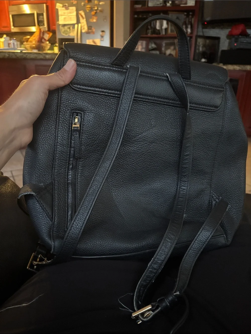 Tory Burch Black Pebbled Leather Drawstring Backpack with Gold Logo